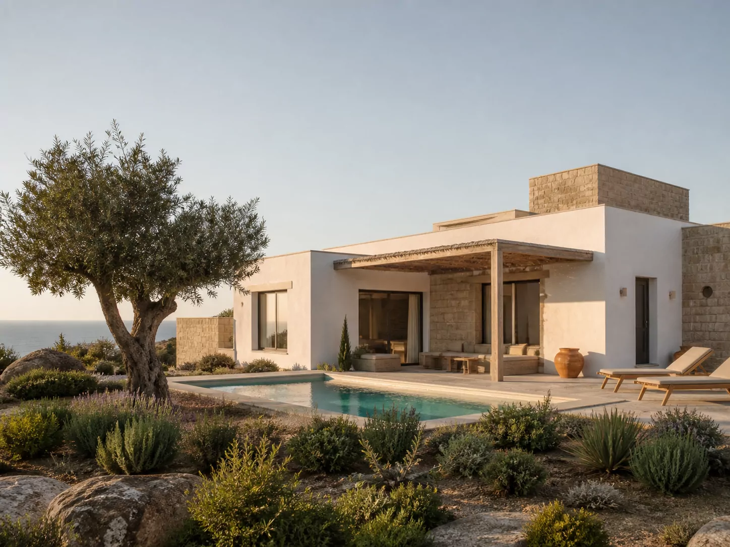 Moradia portuguesa contemporânea com piscina e vista costeira, imagem conceptual